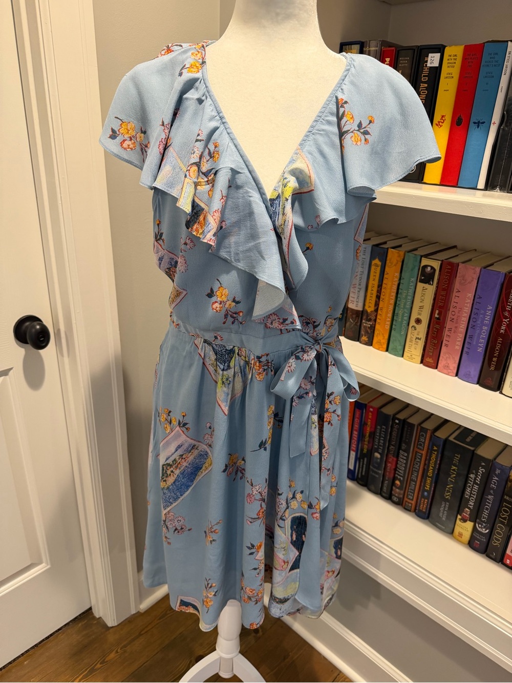 Anthropologie Light Blue Floral Ruffle Wrap Mini Dress